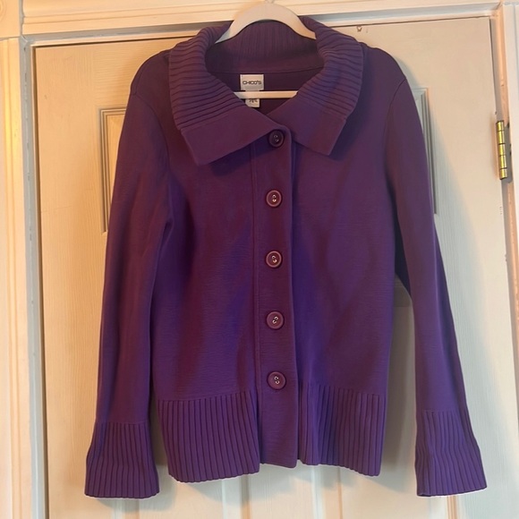 Chico’s Purple Button Front Cardigan sz L 12/14 vanity sz 2. 100% Cotton casual - Picture 1 of 4